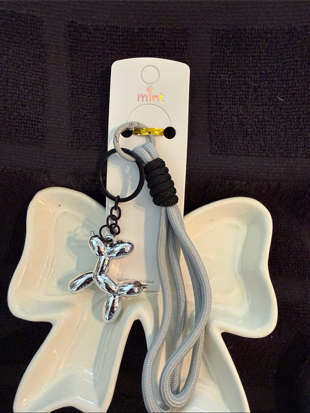 Mint Silver Balloon Dog Charm Lanyard - Gray Cord
